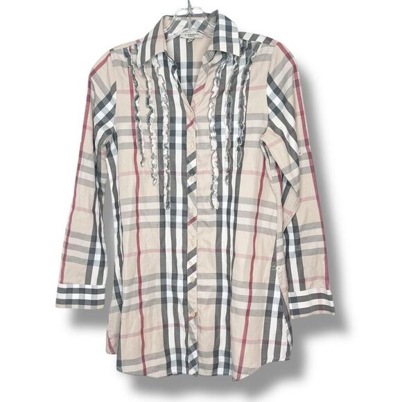 Burberry Classic Nova Check Plaid Button Down Ruffle Shirt Women’s Blouse Size M - Picture 1 of 11